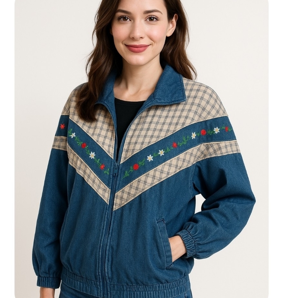 Embroidered Blue and Tan Jean Jacket With Pockets and Embroidery Womens Size M